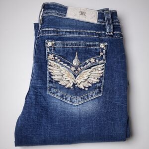 Miss Me Womens Mid Rise Boot Cut Jeans Angel Wing Size 31